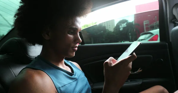 Passenger Black Male Riding Taxi Holding Cellphone Screen Typing — 스톡 사진