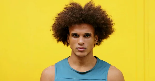 Handsome Mixed Race Young Black Man Looking Camera Yellow Background — Stock Photo, Image
