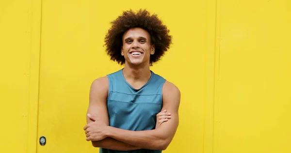 Happy Smiling African American Man Yellow Background Arms Crossed — Stockfoto