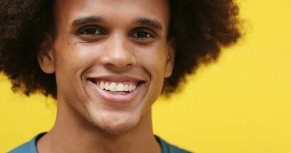 Happy Cheerful Young African American Man Smiling Camera Yellow Background — Stockfoto