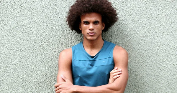 Serious Young African Mixed Race Man Leaning Wall Staring Camera — Stock fotografie