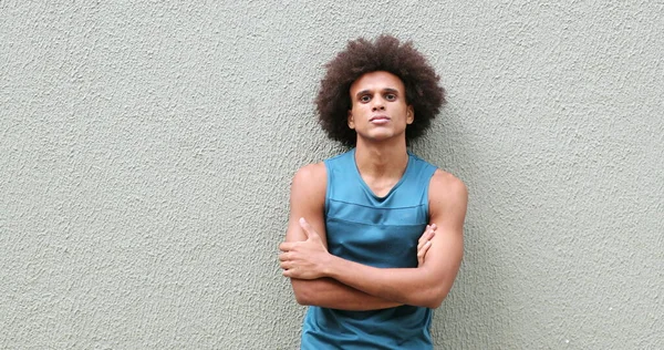 Young African American Man Leaning Wall Arms Crossed — Stockfoto