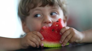 Küçük çocuk karpuz meyvesi yiyor. Çocuk sağlıklı meyve tatlısı yiyor.