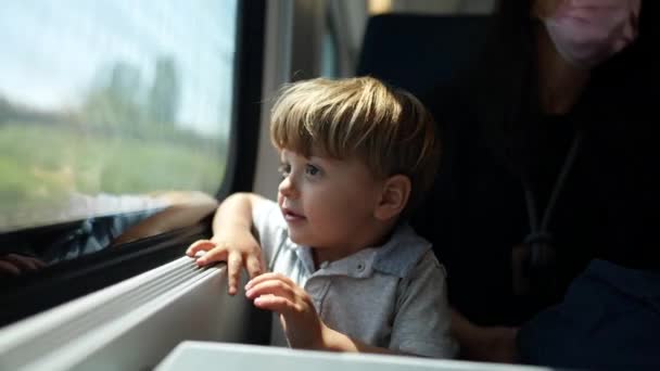 Παιδί Καλεί Μητέρα Κοιτάξει Έξω Από Παράθυρο Του Τρένου Βλέποντας — Αρχείο Βίντεο
