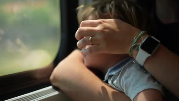 Niño Pasajero Tren Mirando Por Ventana Pequeño Niño Con Mamá — Vídeos de Stock