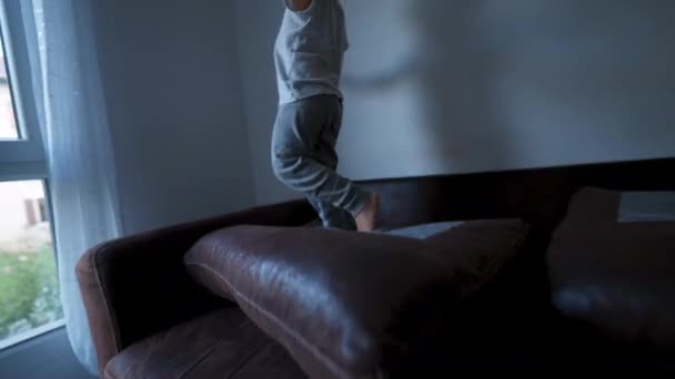 家の中でソファの上を走っているアクティブな小さな男の子 — ストック動画