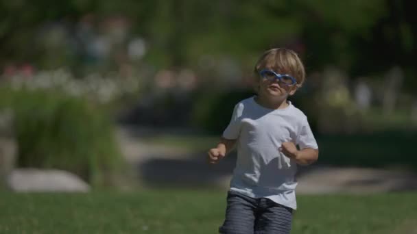 Kleine Jongen Rent Naar Camera Met Een Grappige Zonnebril — Stockvideo