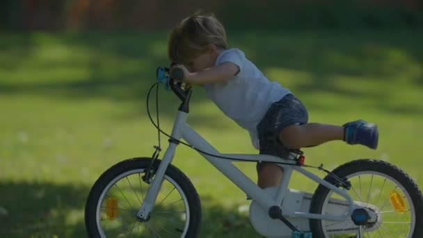 Детская Неспособность Ездить Велосипеде Желая Учиться Плохо Себя Вести Маленькому — стоковое видео