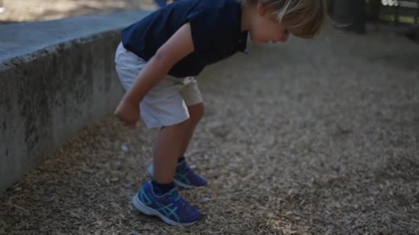 Mały Chłopiec Bawiący Się Zewnątrz Parku Przyrodzie Skoków Dzieci — Wideo stockowe