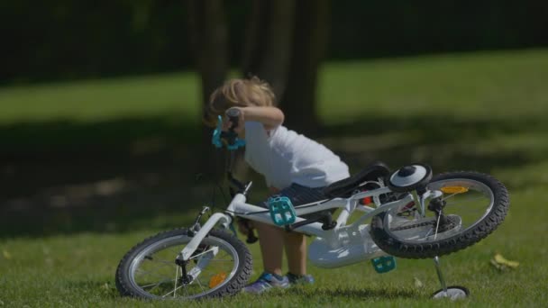 Дитина Збирає Велосипед Землі Маленький Хлопчик Несе Велосипед — стокове відео