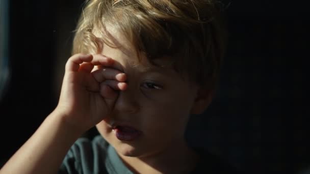 Bambino Ragazzo Sfregamento Occhio Durante Viaggio Treno Bambino Stanco Sensazione — Video Stock