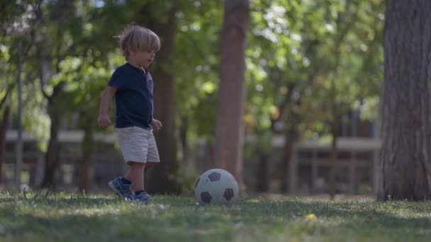Маленький Мальчик Играет Футбол Пределами Активного Ребенка — стоковое видео