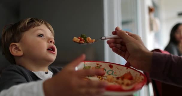 Gyerek Nyitott Száj Eszik Élelmiszer Anya Táplálja Gyermek Kanállal — Stock videók