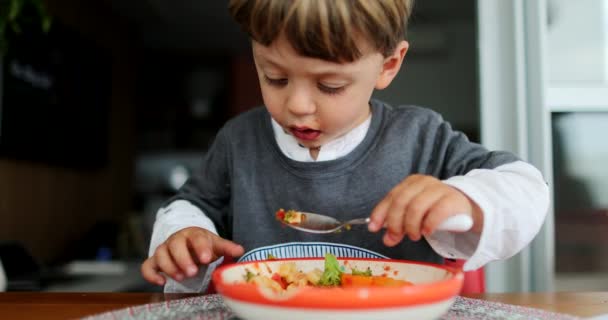 Malý Chlapec Obědvá Sám Batole Dítě Jídlo — Stock video