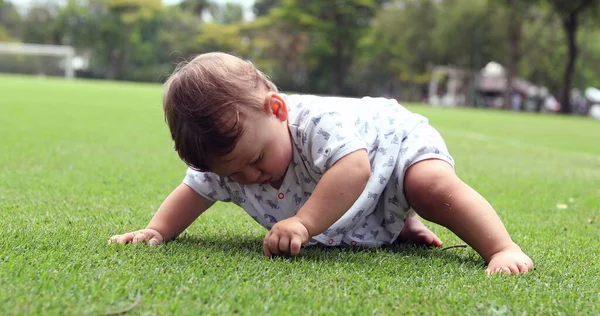 Мила Однорічна Дитина Досліджує Траву Вулиці Парку Хлопчик Малюк Торкається — стокове фото