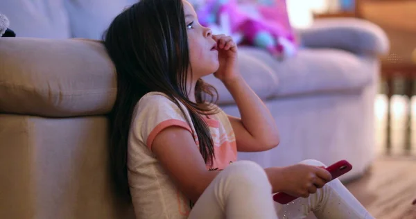 Child Girl Holding Smartphone Device Night Little Girl Watching Screen — Fotografia de Stock