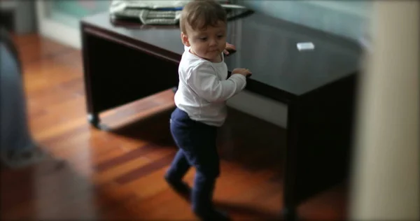 Cute Baby Holding Table One Year Old Toddler Learning Stand —  Fotos de Stock