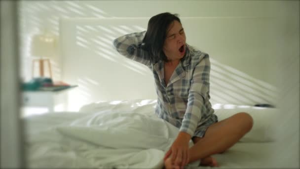 Woman Yawning Morning Bed Waking Routine Starting Day — Stockvideo