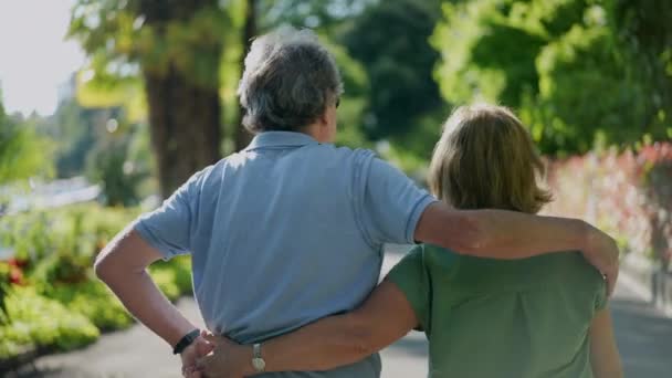 Romantic Older Husband Putting Arm Wife Senior Couple Walking — Stock videók