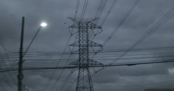 High Voltage Electric Tower Dark Clouds Lines Electrical Wires Seen — 图库照片