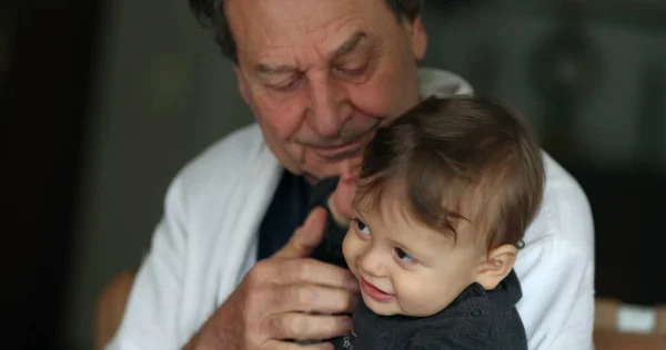 Grandfather Holding Baby Casual Candid Generation Relationship Grandparent Infant Boy — Fotografia de Stock