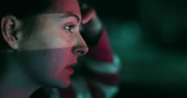 Pensive Woman Driving Night City Thoughtful Female Driver Face Evening — Foto de Stock