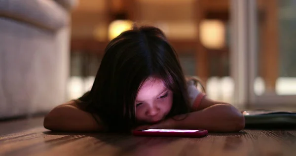 Little Girl Staring Cellphone Screen Night Child Watching Smartphone Lying — Foto de Stock