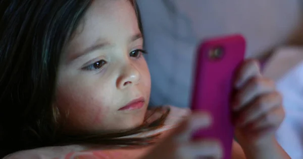 Little Girl Holding Smartphone Screen Night — Zdjęcie stockowe