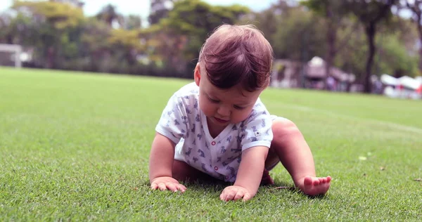 Toddler Boy Sitting Grass Nature Park — Foto Stock