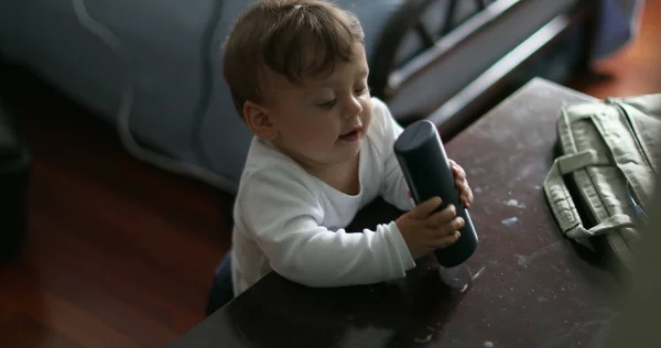 Toddler Boy Hitting Table Object One Year Old Baby Standing — 스톡 사진