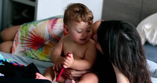 Candid Mother Baby Together Bedroom Bed Casual Family Moment Young — Zdjęcie stockowe