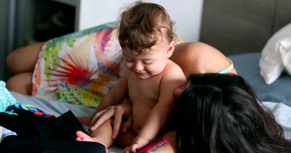 Candid Mother Baby Together Bedroom Bed Casual Family Moment Young — Stock Fotó