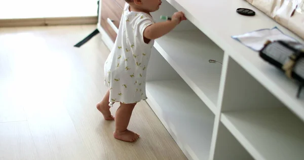 Baby Standing Leaning Furniture Home Living Room Toddler Touching Object —  Fotos de Stock