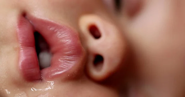 Baby Face Asleep Macro Close Sleeping Infant Lips Drooling Napping — Stockfoto