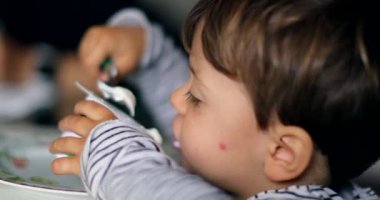 Çocuk kaşıkla yoğurt yiyor. Küçük çocuk kahvaltı yapıyor.