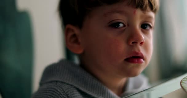 Pensiv Ledsen Liten Pojke Tittar Genom Fönstret — Stockvideo