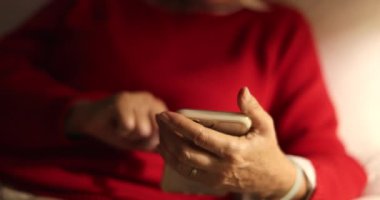 Son sınıf öğrencisi kadın elinde akıllı telefon cihazıyla kanepede oturuyor.