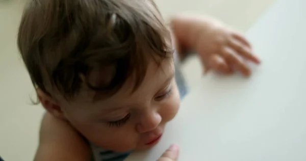 Cute Baby Toddler Learning Stand Holding Parent Leg Infant One — 图库照片