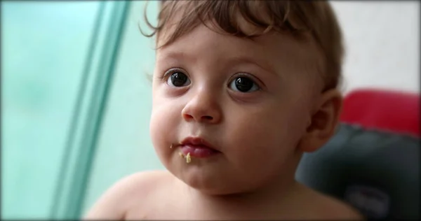 Cute Baby Portrait Eating Spitting Food Close Infant Child Face —  Fotos de Stock