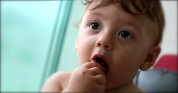 Cute Baby Portrait Eating Spitting Food Close Infant Child Face —  Fotos de Stock