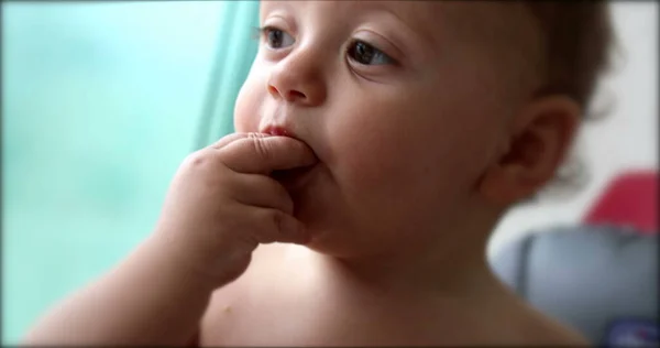 Cute Baby Portrait Eating Spitting Food Close Infant Child Face — Fotografia de Stock