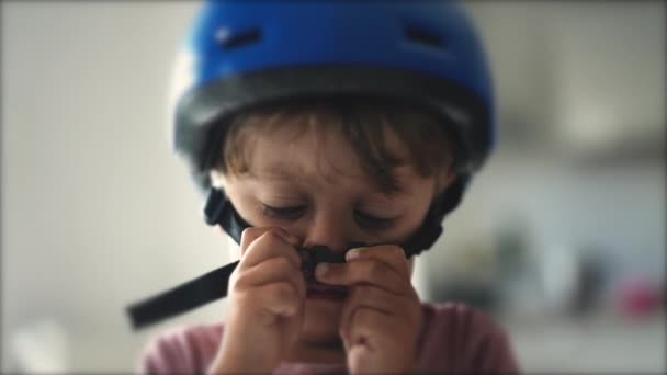 One Happy Little Boy Straps Bike Helmet Security Prevention — Stock Video