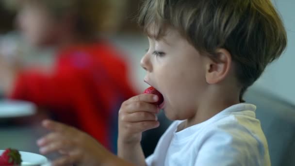 Niño Comiendo Fruta Fresa Niño Come Bocadillos Saludables — Vídeos de Stock