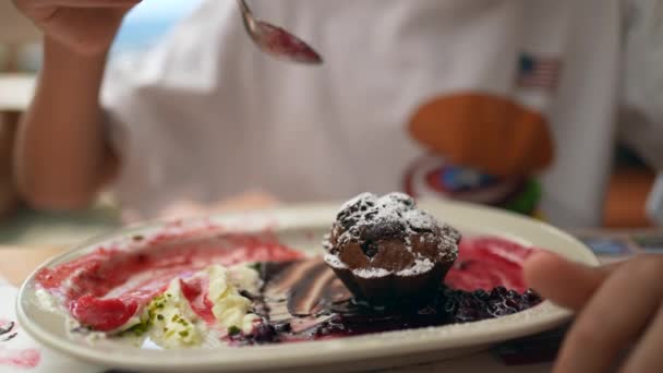 Мороженое Шоколадным Десертом Тарелке — стоковое видео