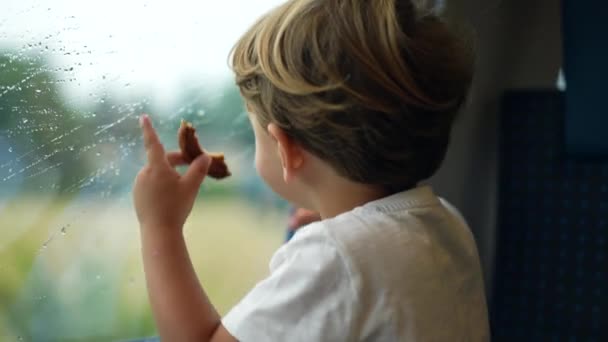 Dziecko Podróżuje Pociągiem Opierając Się Ciasteczku Jedzenie Okna — Wideo stockowe