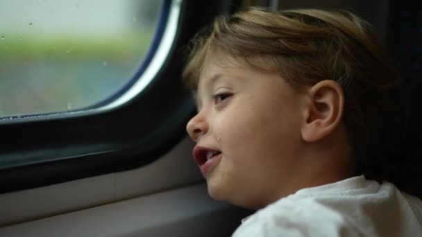 小男孩靠在车窗上看经过的风景 — 图库视频影像