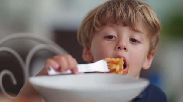 Маленький Хлопчик Їсть Макарони Дме Гарячу Їжу Дитина Їсть Равіолі — стокове відео