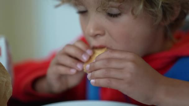 子供がクッキーを食べる1人の男の子がクッキーを食べる — ストック動画
