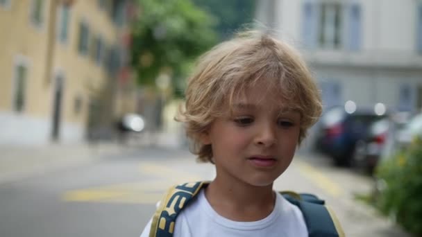 バックパックを持って通学外を歩く少年 — ストック動画