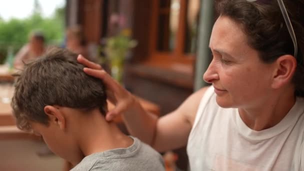 Mother Inspecting Child Skin Neck Mom Checking Back Son Neck — Stock Video